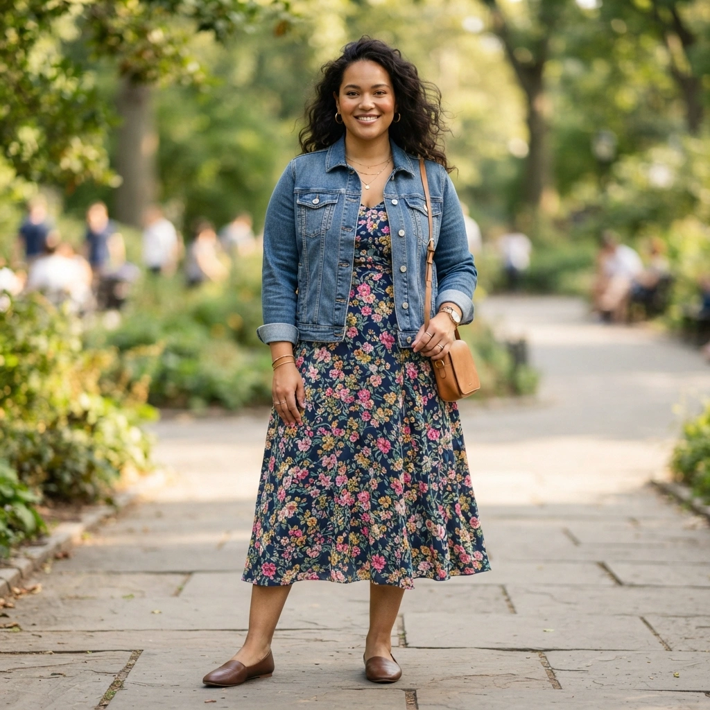 Denim Jacket and Floral Midi Dress with Flats