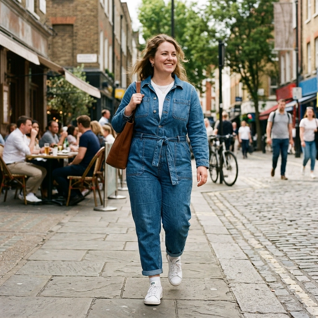 Denim Jumpsuit & White Tee with Sneakers