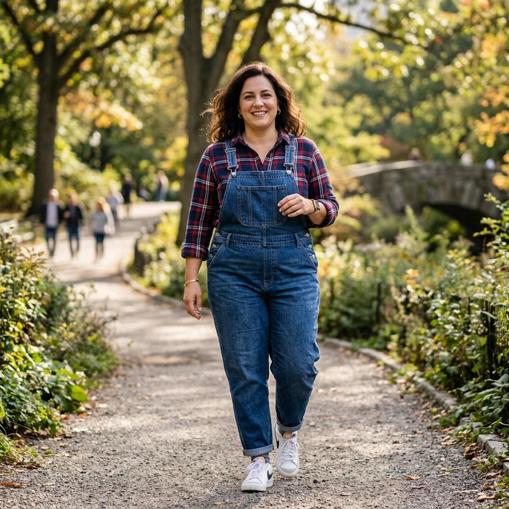 Denim Overalls & Plaid Shirt with Sneakers