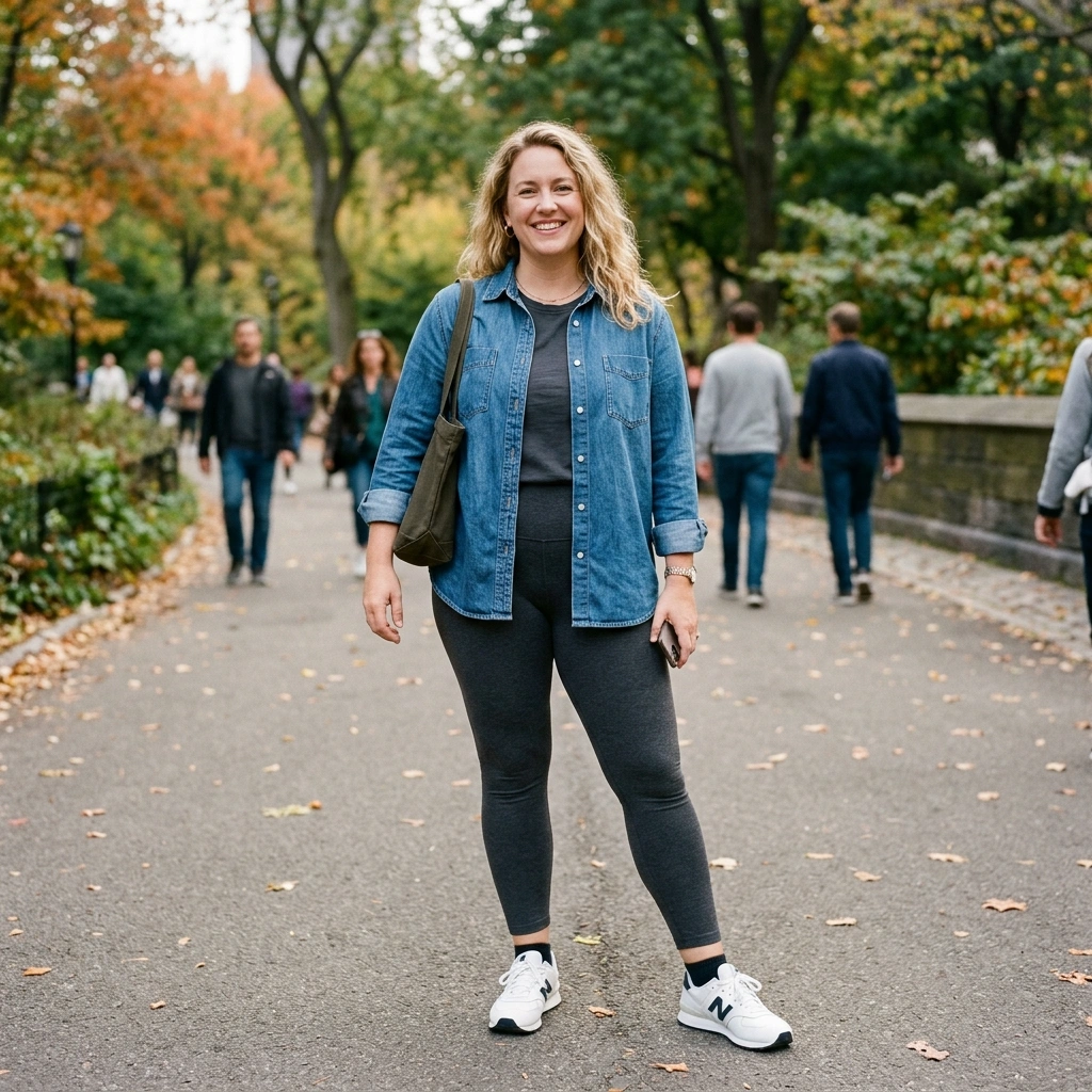 Denim Shirt & Leggings with Sneakers