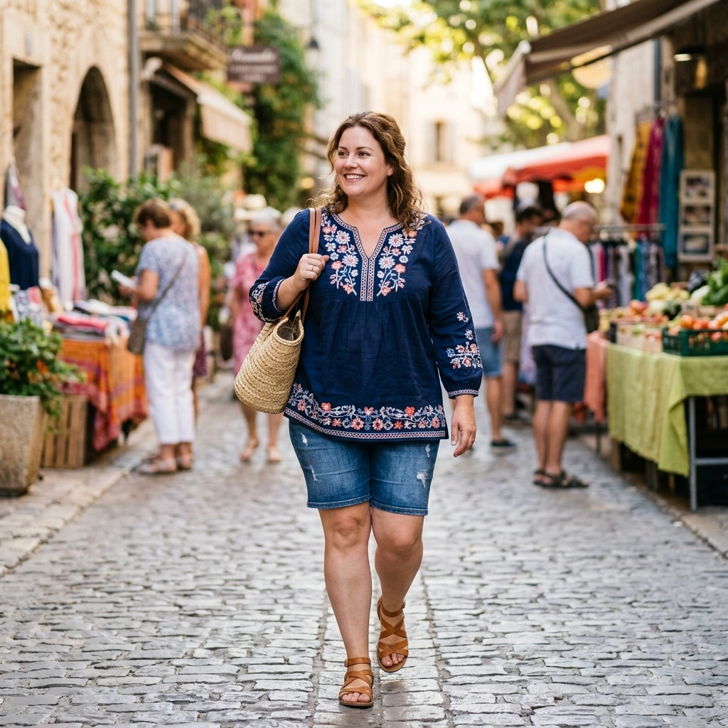 Embroidered Tunic & Denim Shorts with Sandals