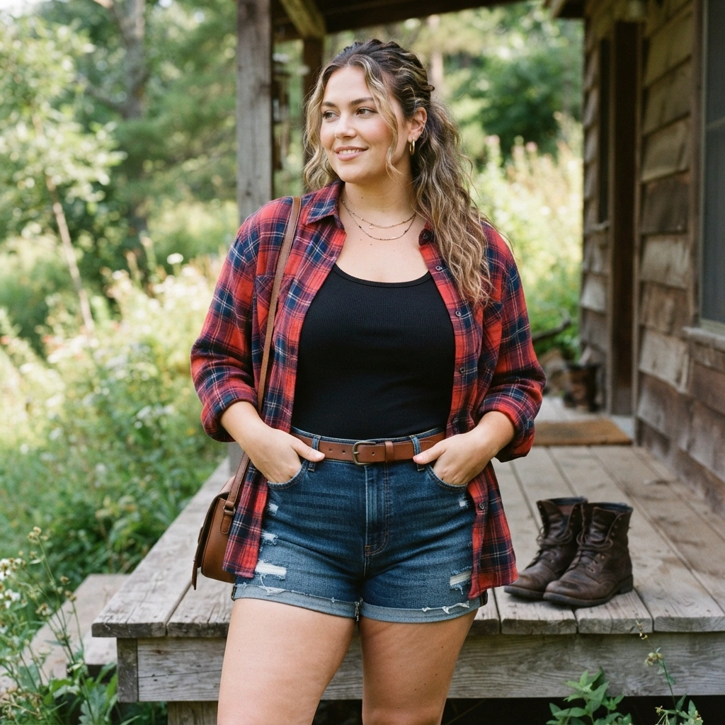 Flannel Shirt & Denim Shorts with Boots