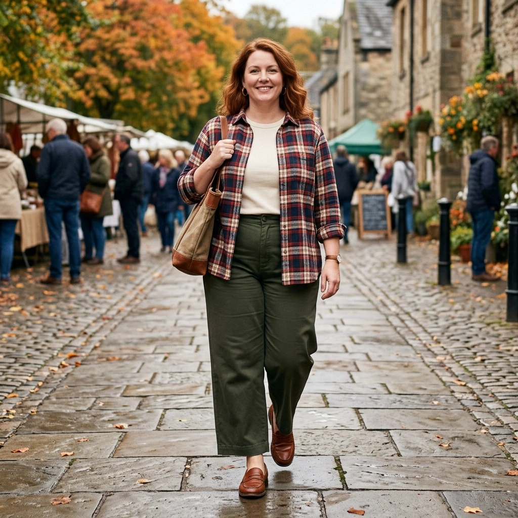 Flannel Shirt & Wide Leg Pants with Loafers