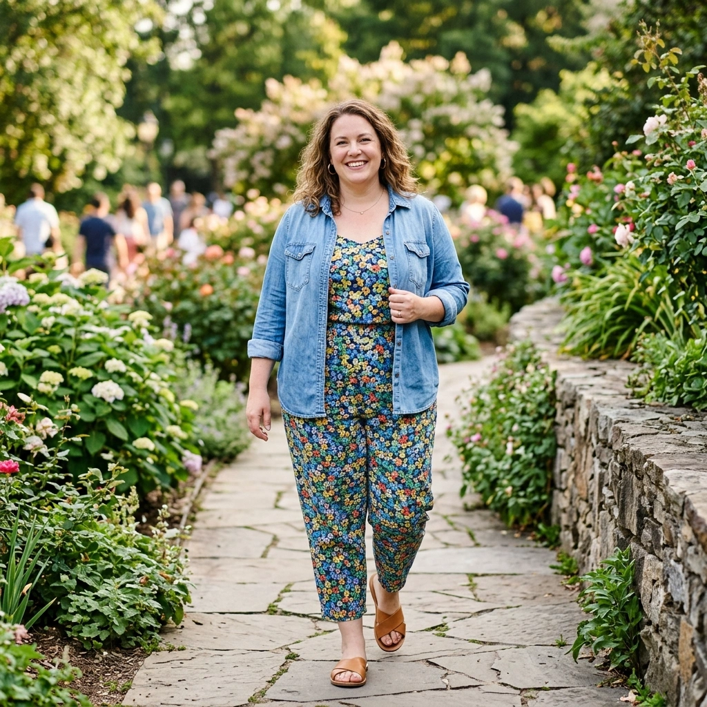 Floral Jumpsuit & Denim Shirt with Sandals