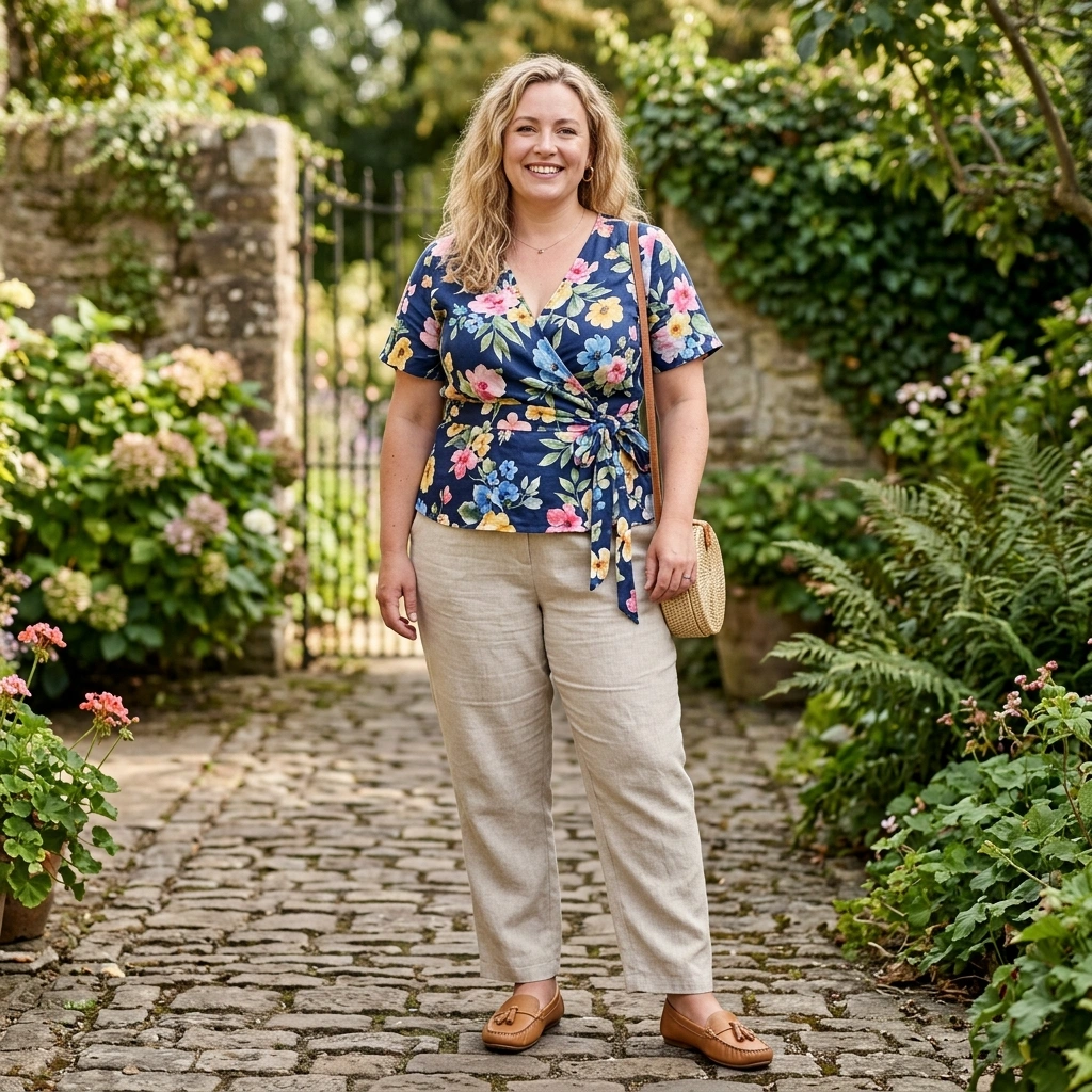 Floral Wrap Top & Linen Pants with Loafers