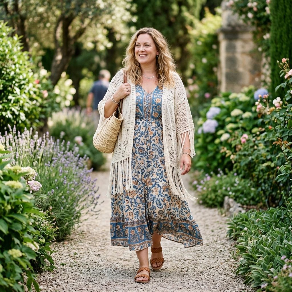 Flowy Maxi Dress & Fringed Kimono with Sandals