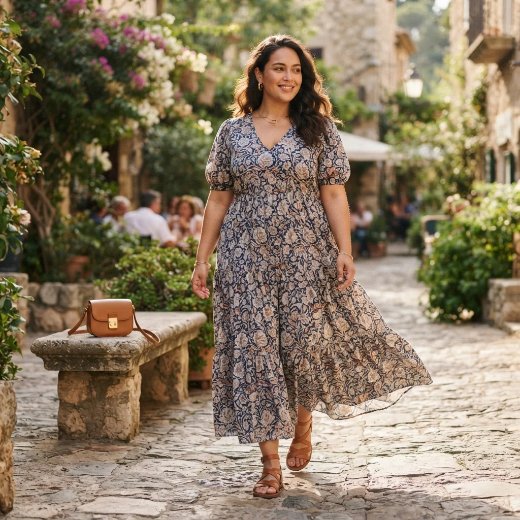 Flowy Maxi Dress & Sandals with a Mini Bag