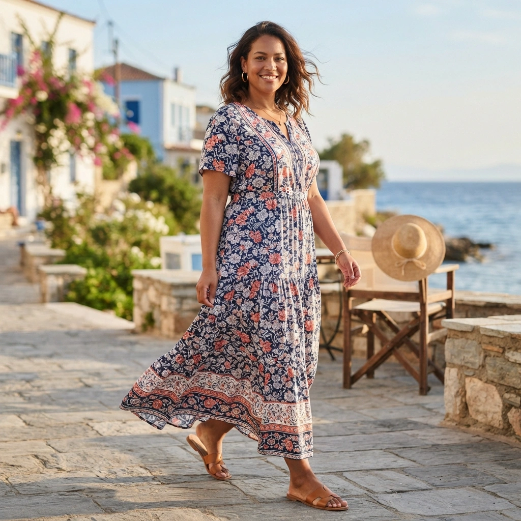 Flowy Maxi Dress & Sandals with a Straw Hat