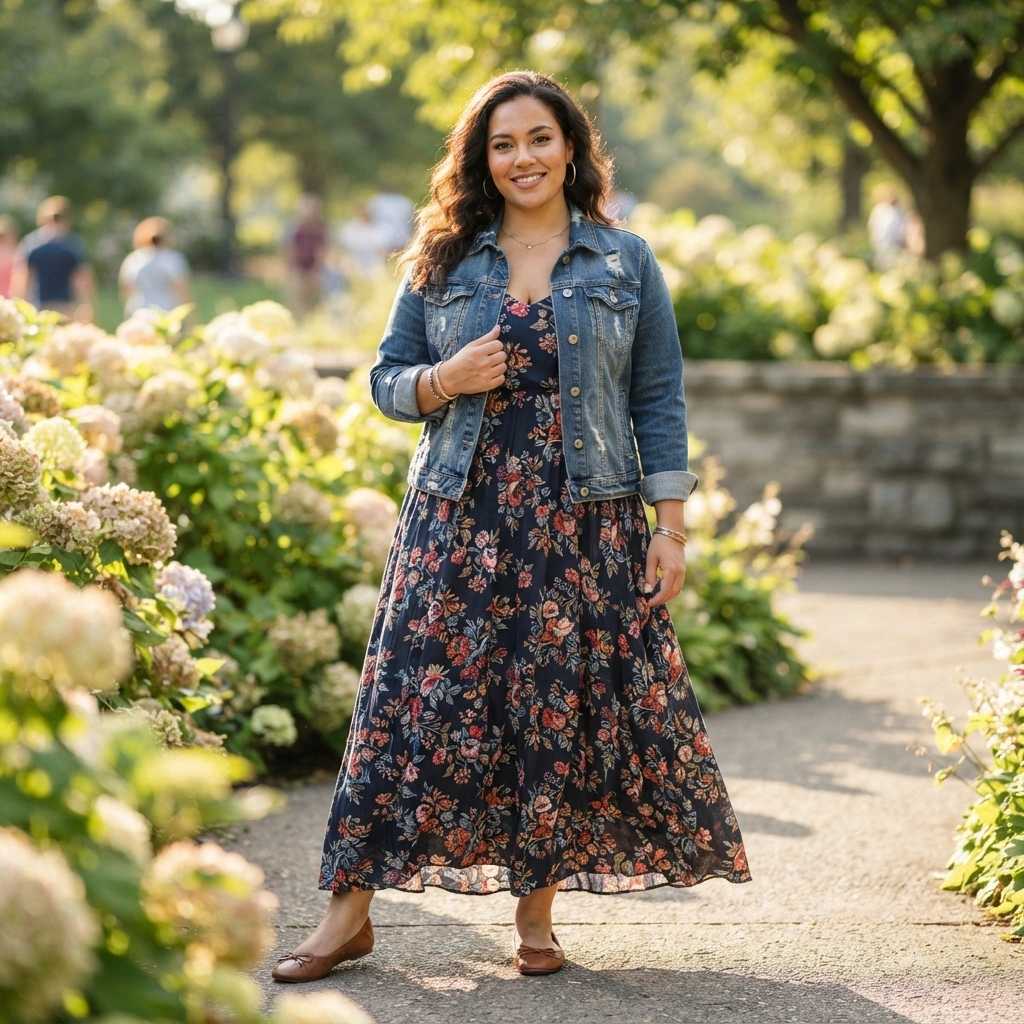 Flowy Maxi Dress and Denim Jacket with Flats