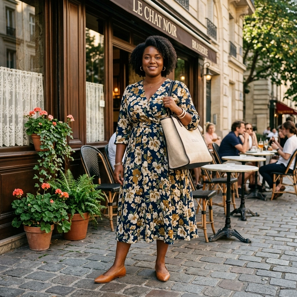 Flowy Midi Dress & Flats with a Tote Bag