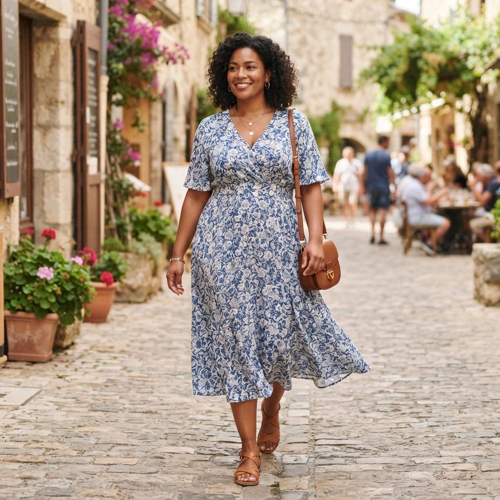 Flowy Midi Dress & Sandals with a Crossbody Bag