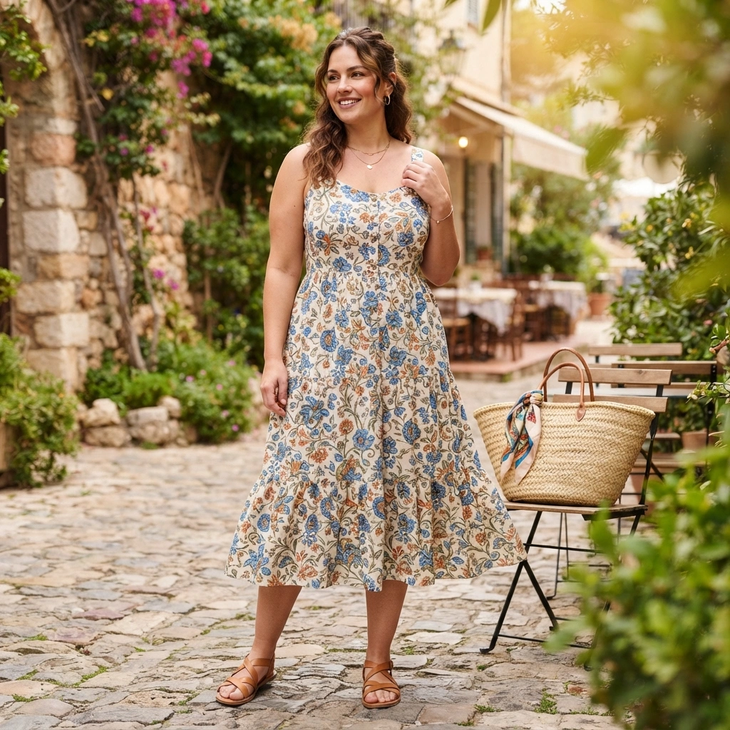 Flowy Sundress & Sandals with a Straw Bag