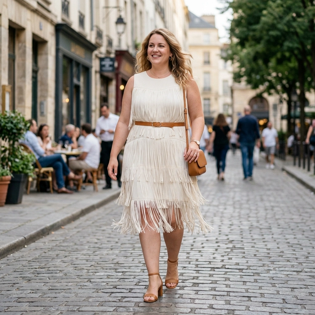 Fringe Dress & Slim Belt with Heels