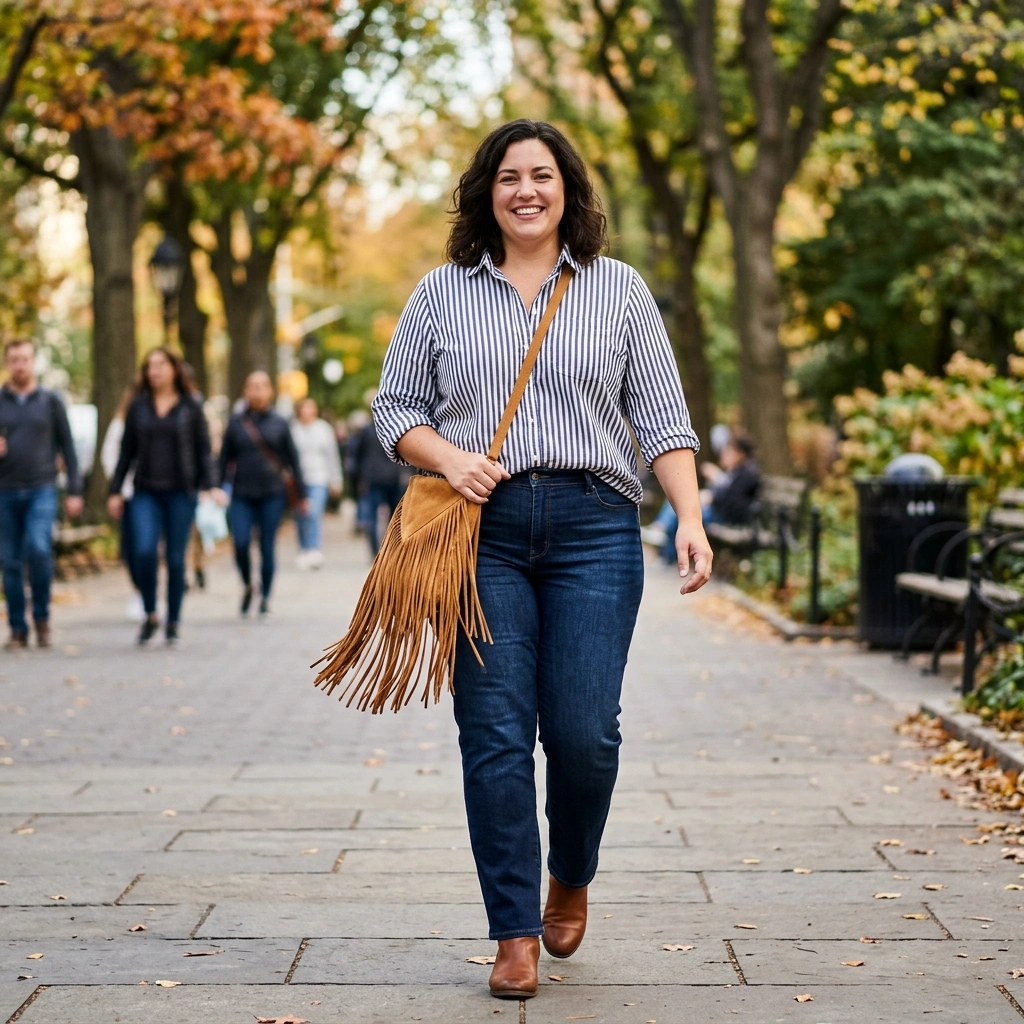 Fringe Purse & Button Down with Straight Jeans