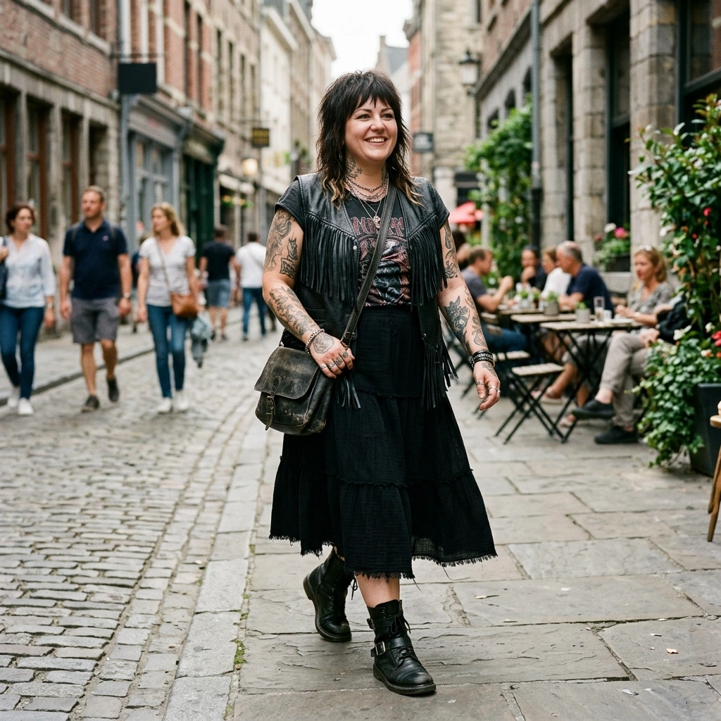Fringed Leather Vest & Midi Skirt with Boots