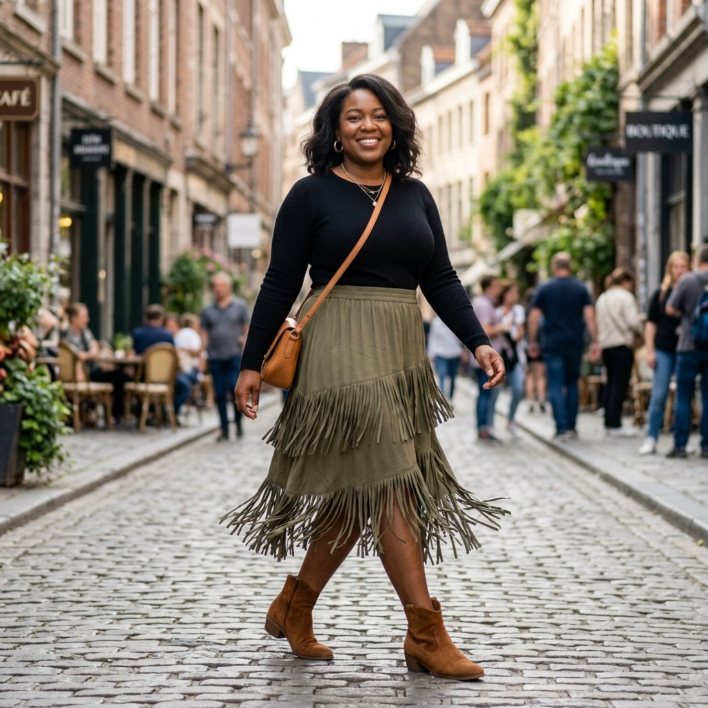 Fringed Skirt & Fitted Blouse with Ankle Boots