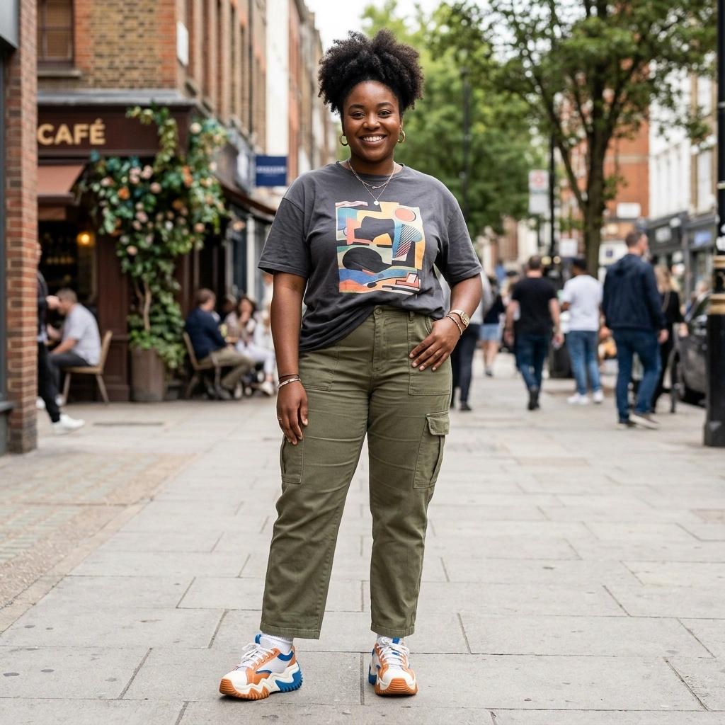 Graphic Tee & Cargo Pants with Chunky Sneakers