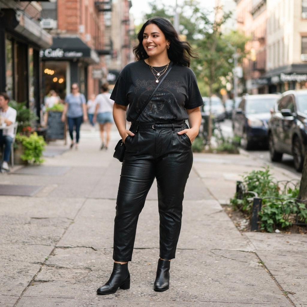 Graphic Tee & Leather Pants with Ankle Boots