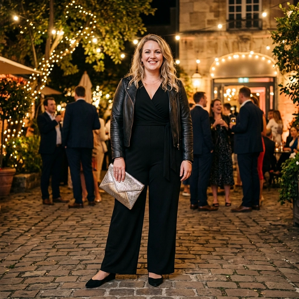 Jumpsuit & Metallic Clutch with Flats
