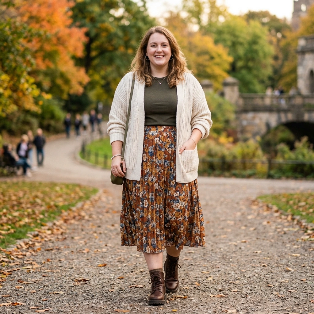 Knit Cardigan & Midi Skirt with Boots