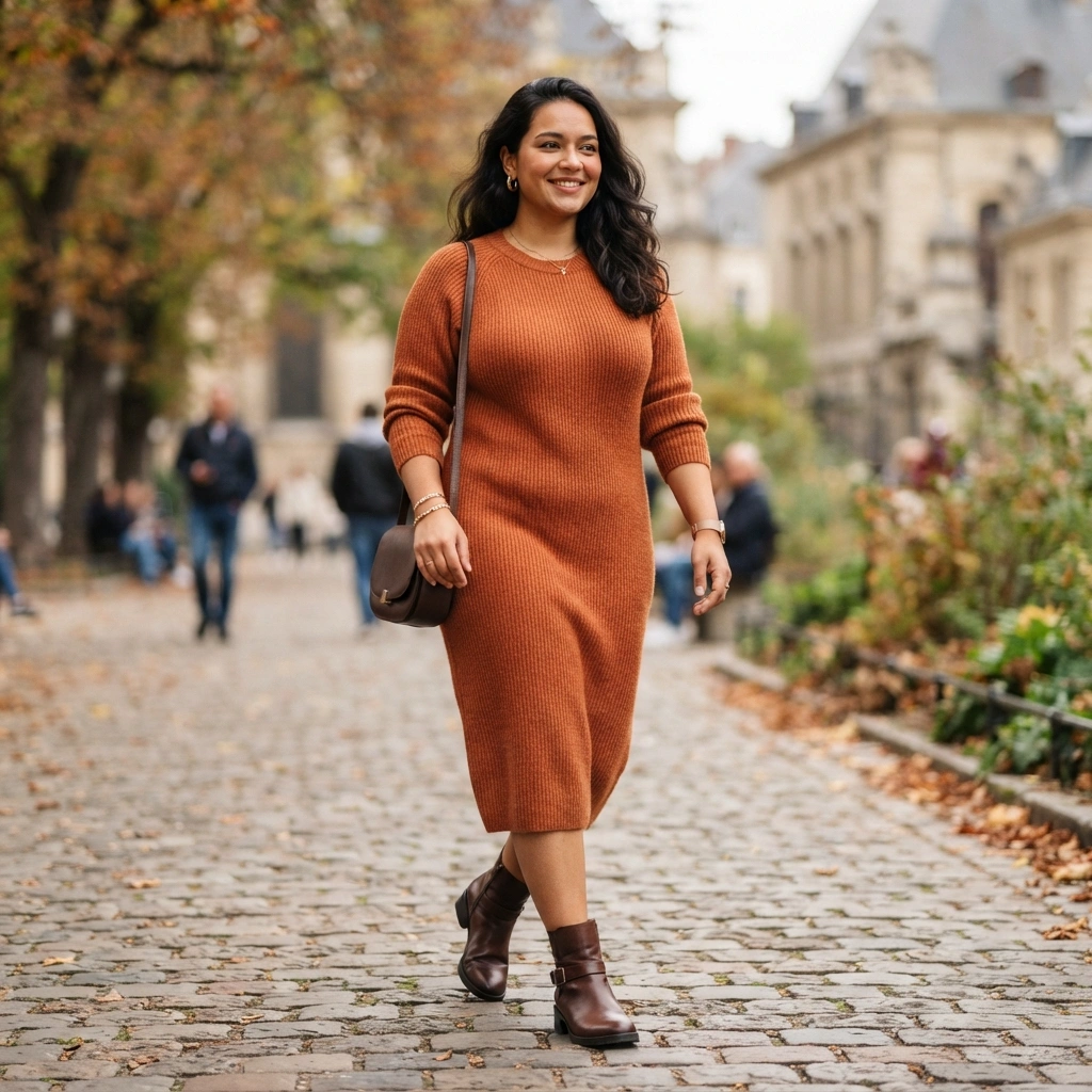 Knit Dress & Ankle Boots with a Handbag