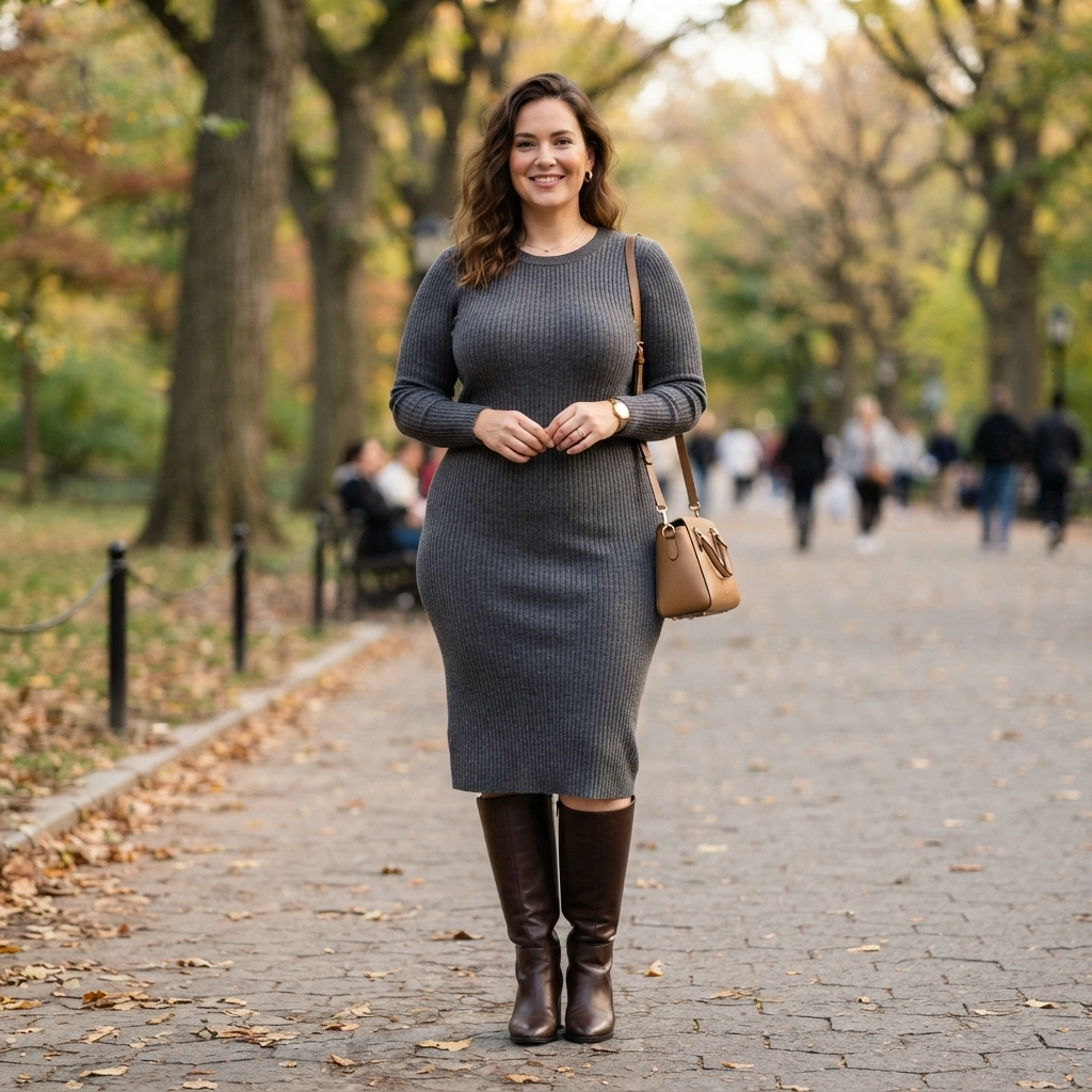 Knit Dress & Knee-High Boots with a Handbag