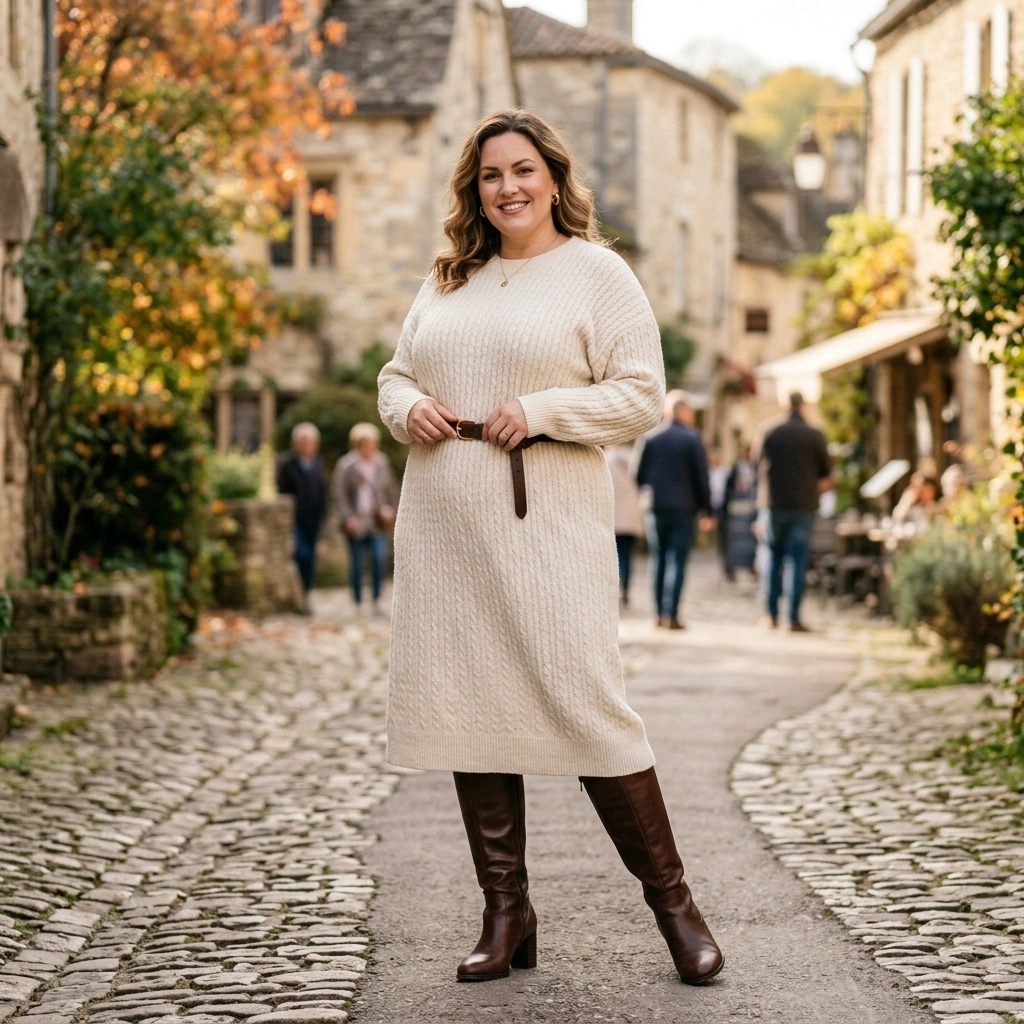 Knit Sweater Dress & Slim Belt with Boots