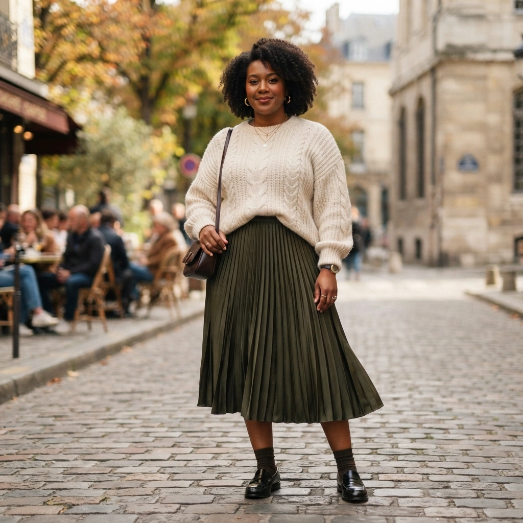 Knit Sweater and Midi Skirt with Loafers