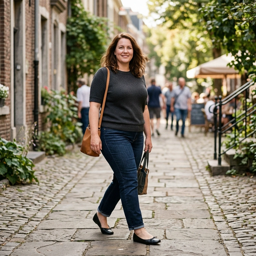 Knit Top & Straight Jeans with Ballet Flats