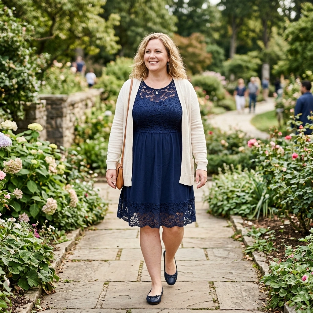 Lace Detail Dress & Light Cardigan with Flats