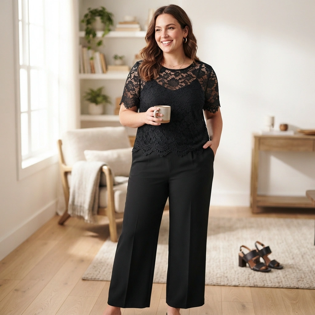 Lace Top & Wide-Leg Pants with Heels