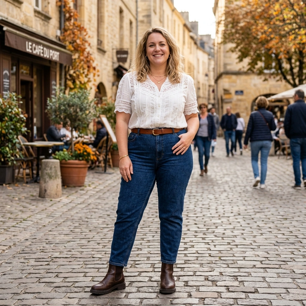 Lace Trimmed Blouse & High Waisted Jeans with Boots