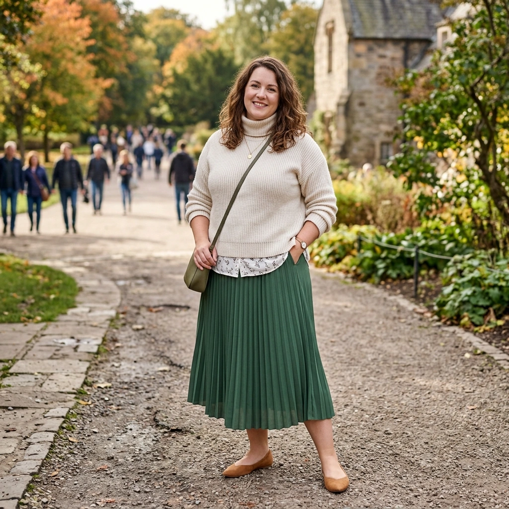 Layered Sweater & Midi Skirt with Flats