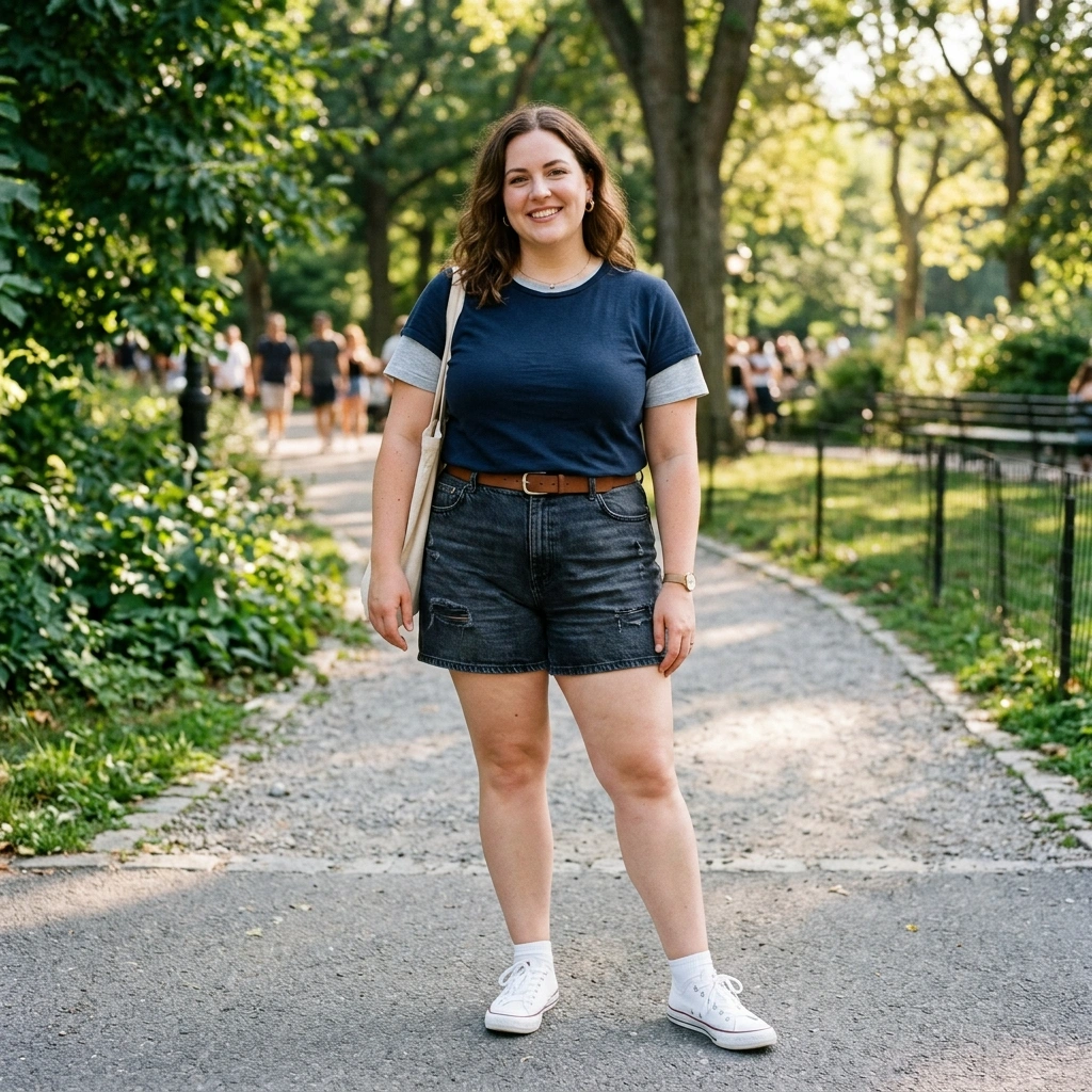 Layered Tee & High Waisted Shorts with Sneakers