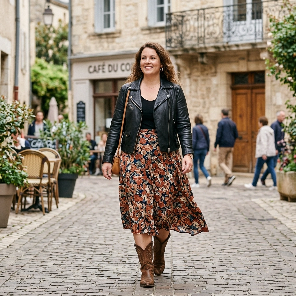 Leather Jacket & Flowy Skirt with Cowboy Boots