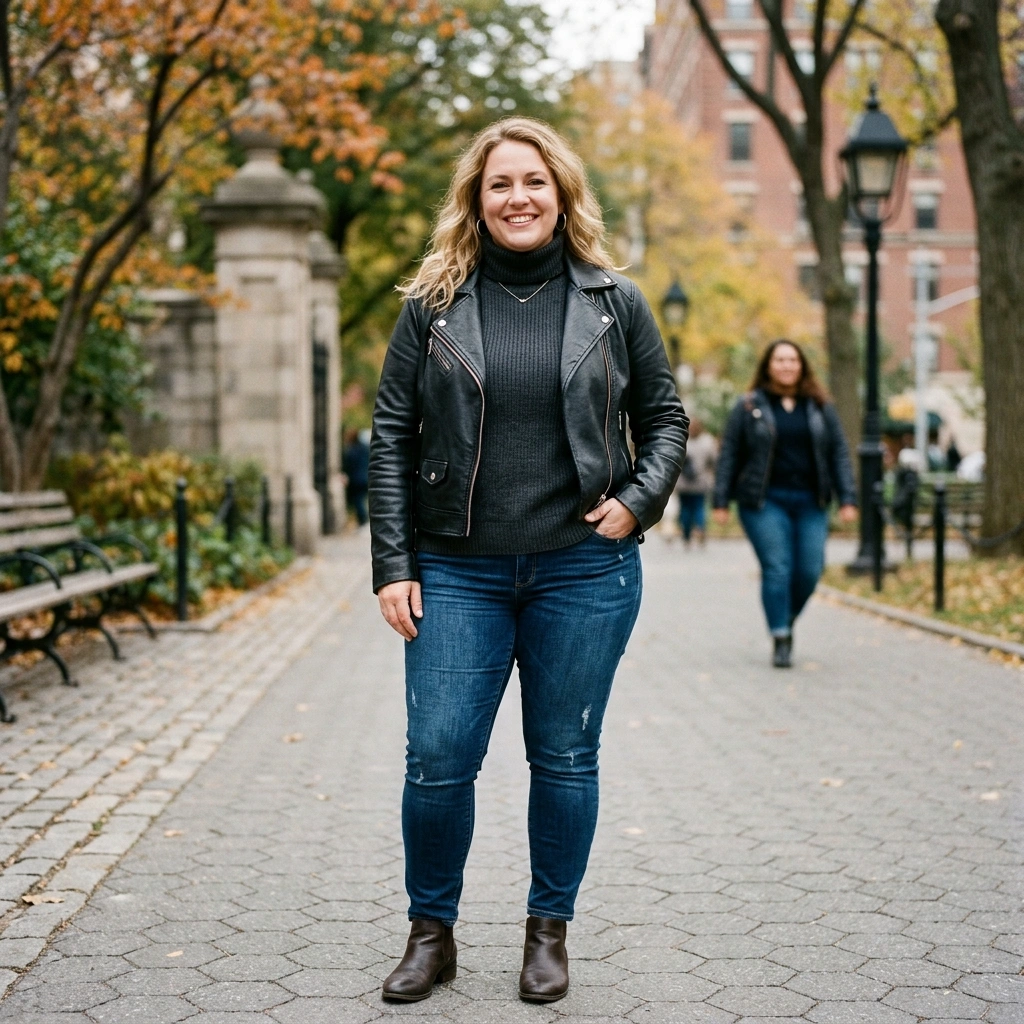 Leather Jacket & Turtleneck with Jeans