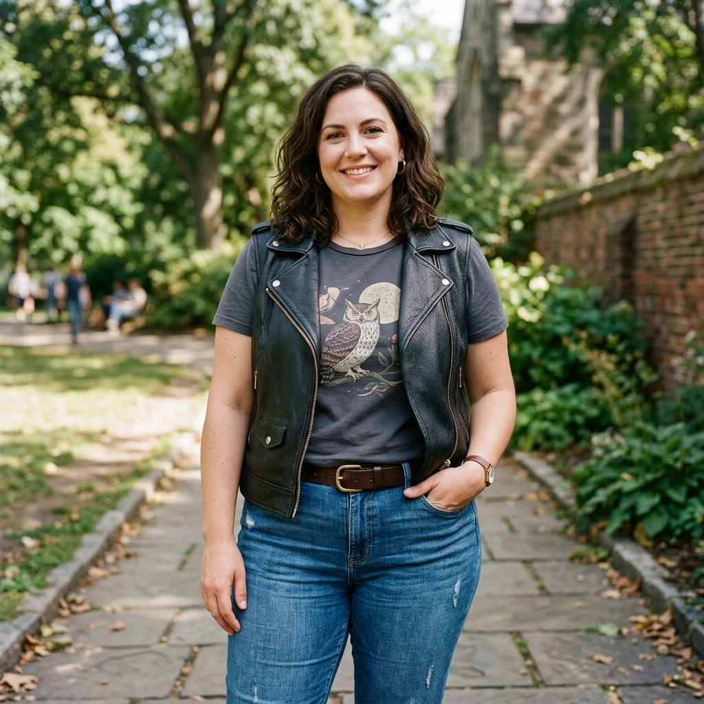 Leather Vest & Graphic Tee with Jeans