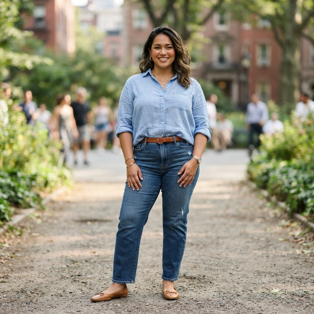 Loose Button-Down Shirt and Straight-Leg Jeans with Flats