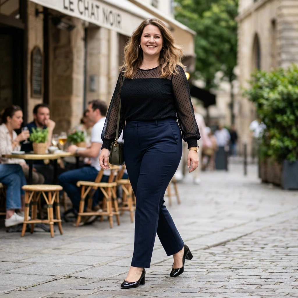 Mesh Sleeve Blouse & Tailored Pants with Pumps
