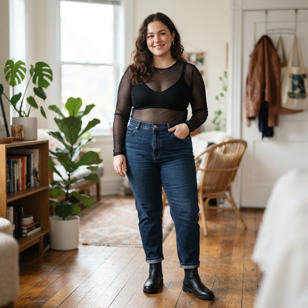 Mesh Top & Bralette with Jeans & Boots
