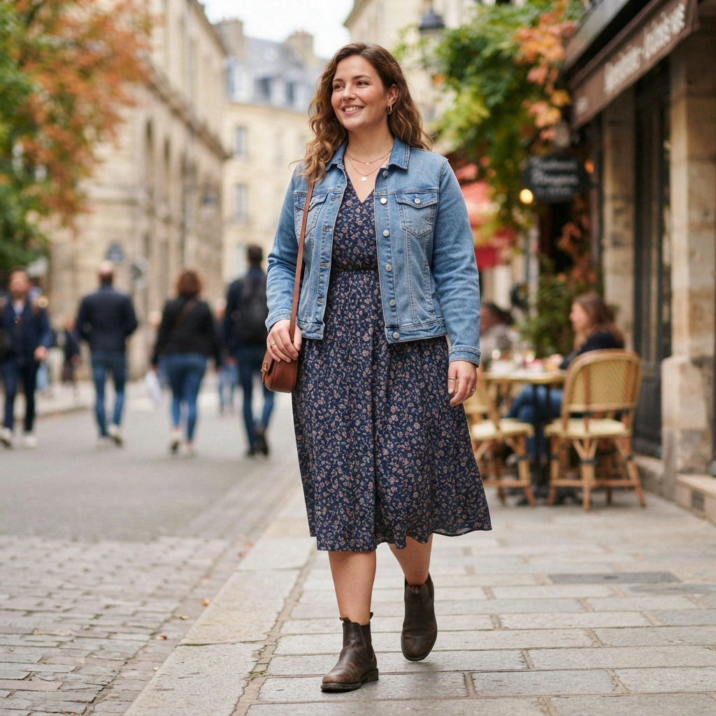 Midi Dress & Denim Jacket with Ankle Boots