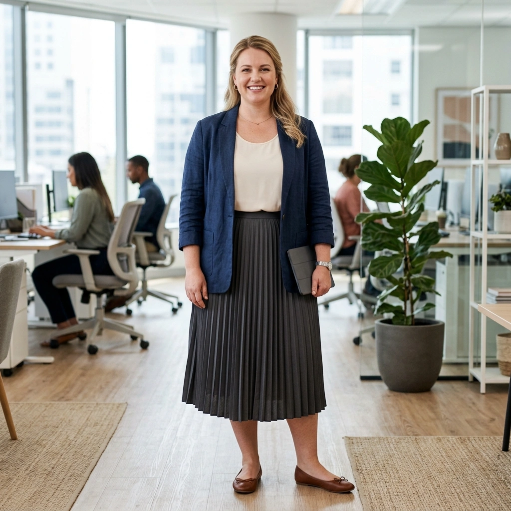 Midi Skirt & Lightweight Blazer with Flats