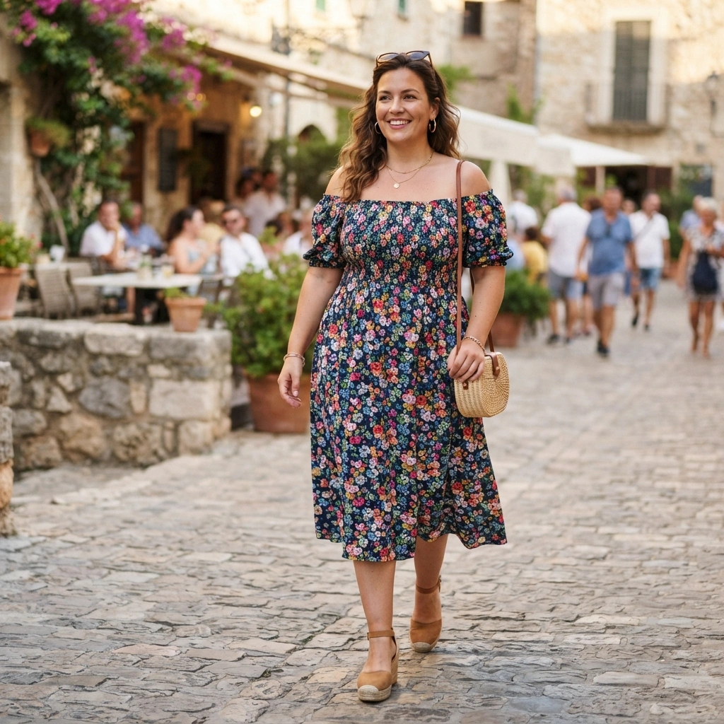Off-Shoulder Dress & Wedges with a Mini Bag