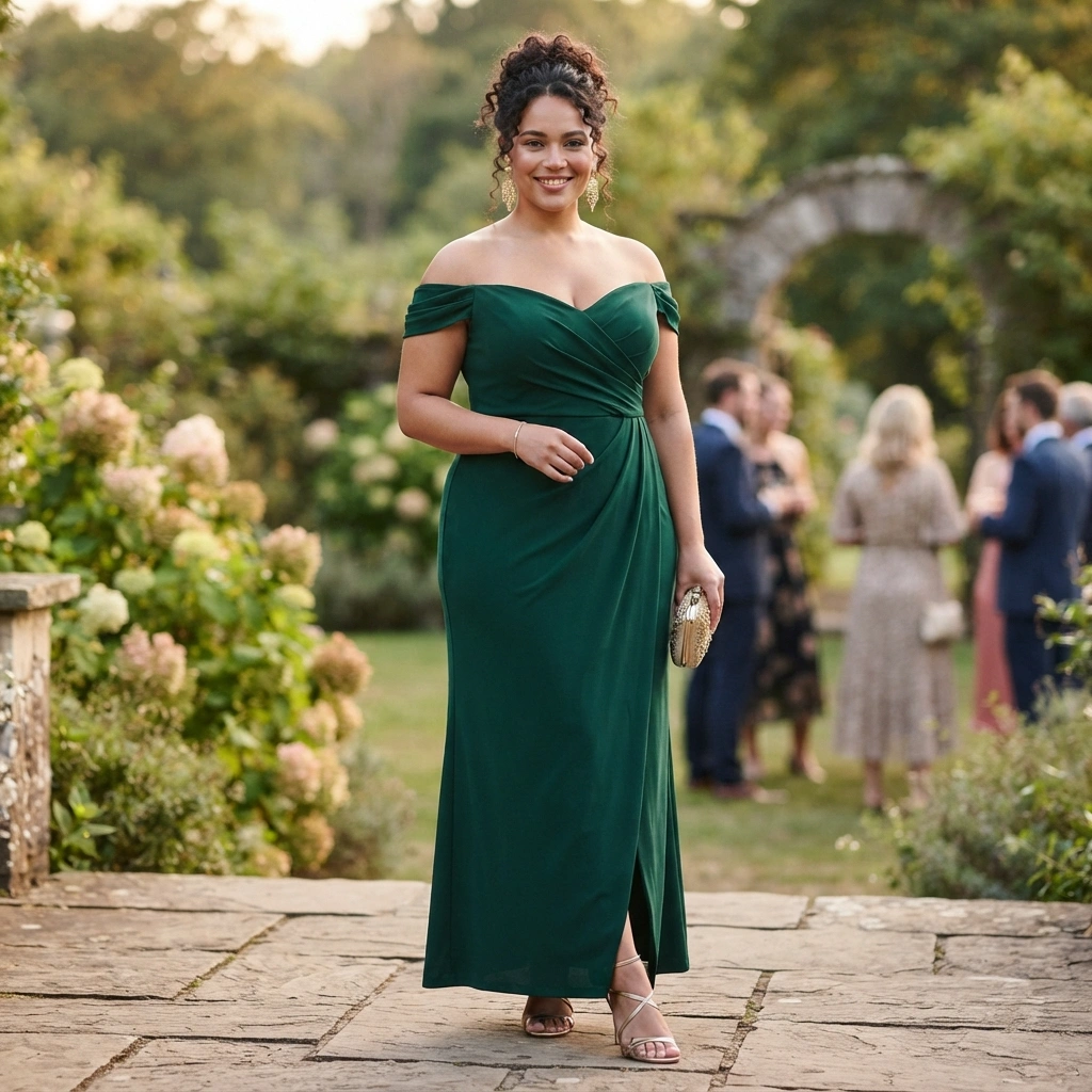 Off-Shoulder Gown & Strappy Heels with Statement Earrings