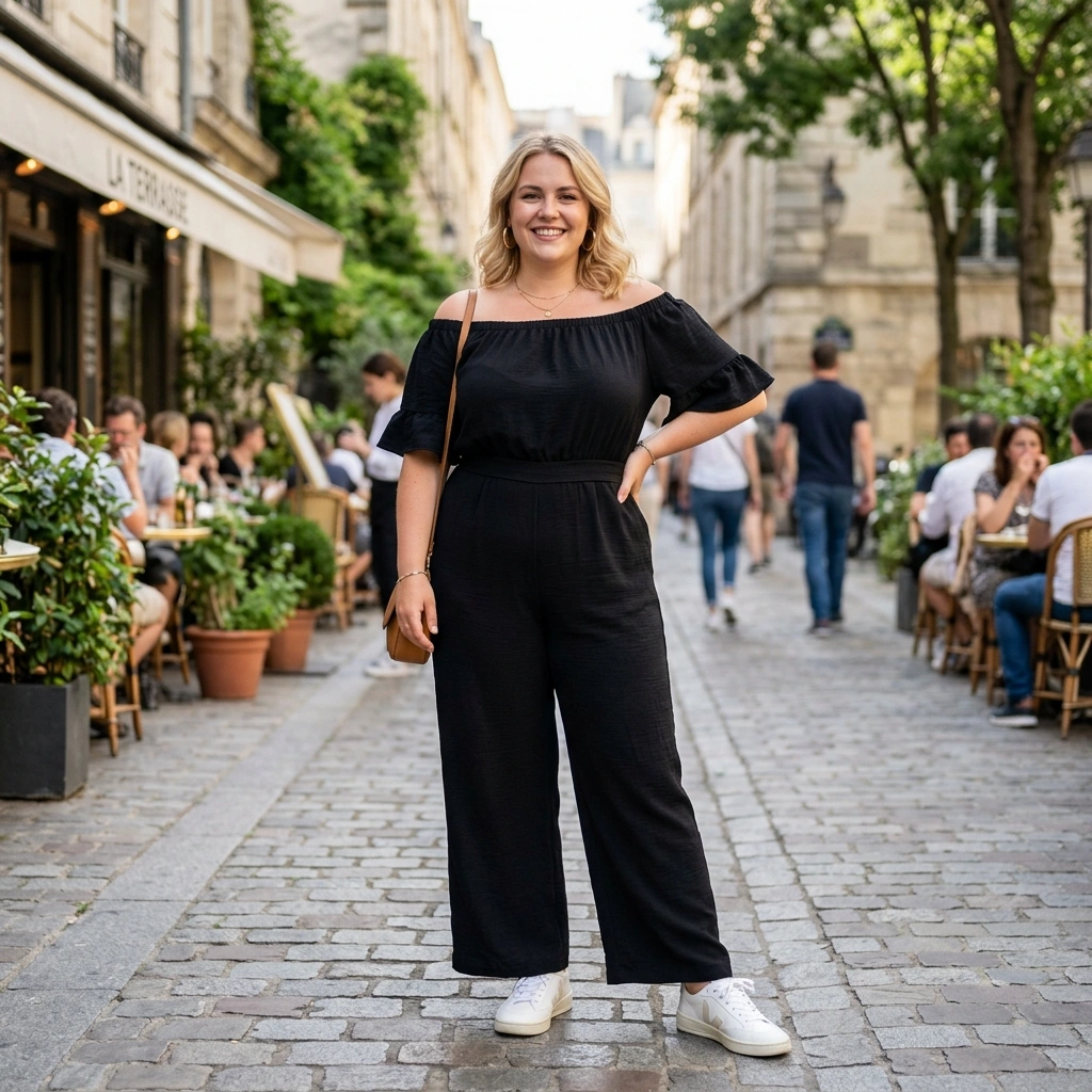 Off Shoulder Jumpsuit & Sneakers with Hoop Earrings