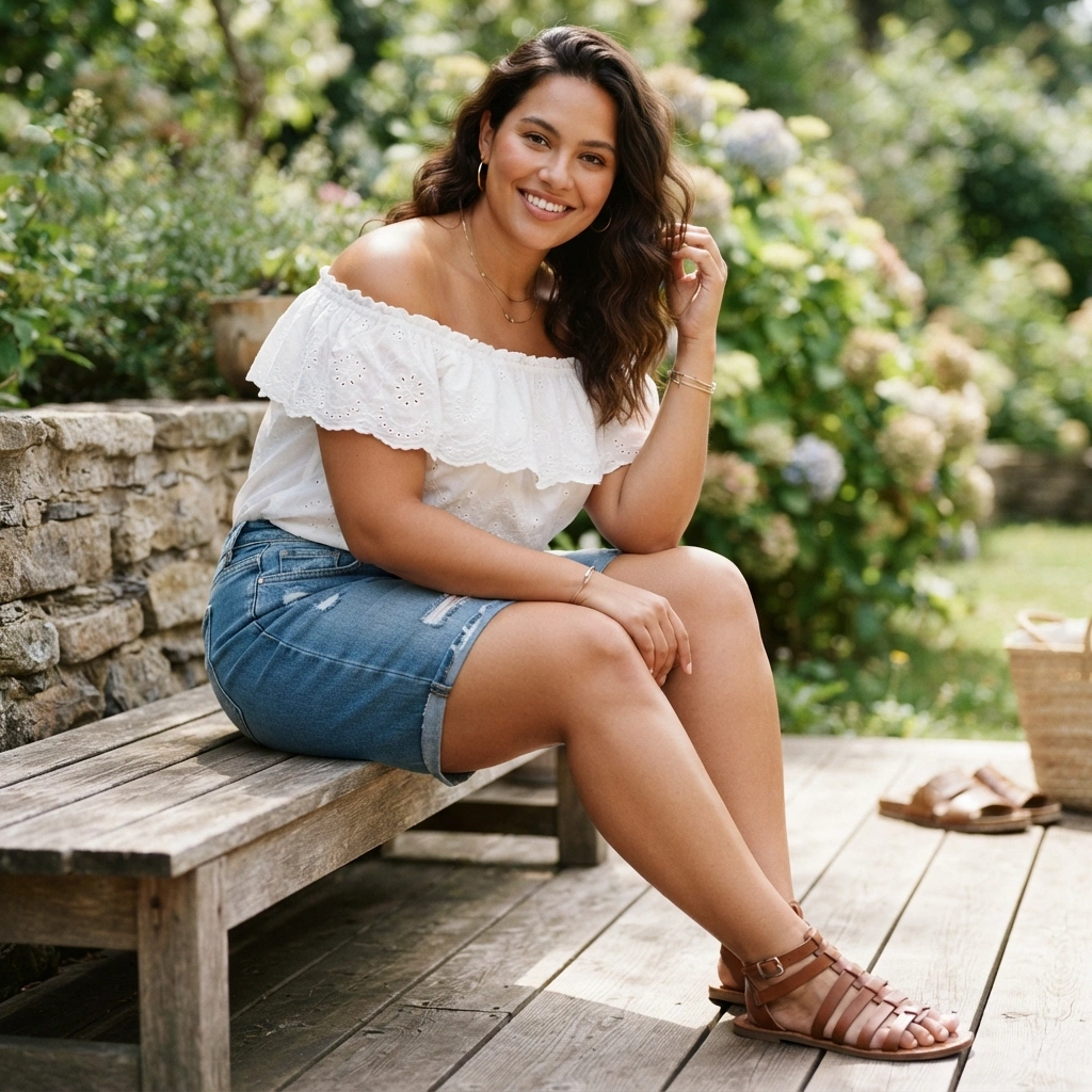 Off-Shoulder Top & Denim Shorts with Sandals