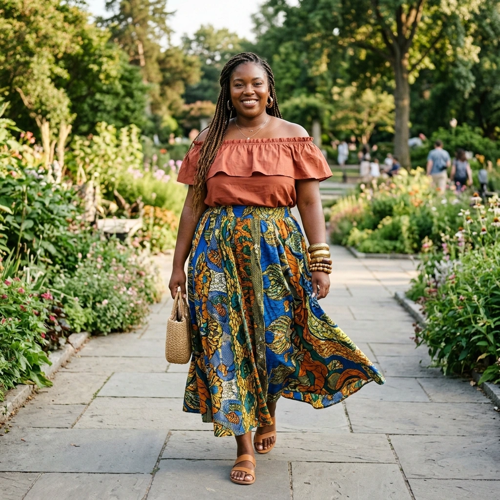 Off Shoulder Top & Flowy Skirt with Bold Bangles