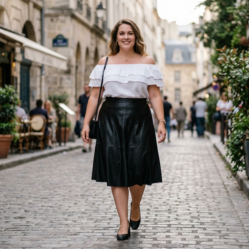 Off Shoulder Top & Leather Skirt with Heels
