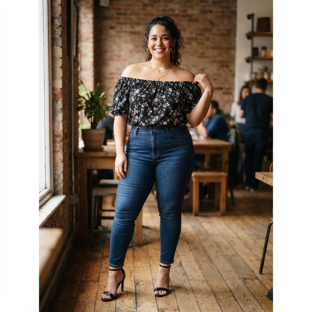 Off-Shoulder Top & Skinny Jeans with Heels