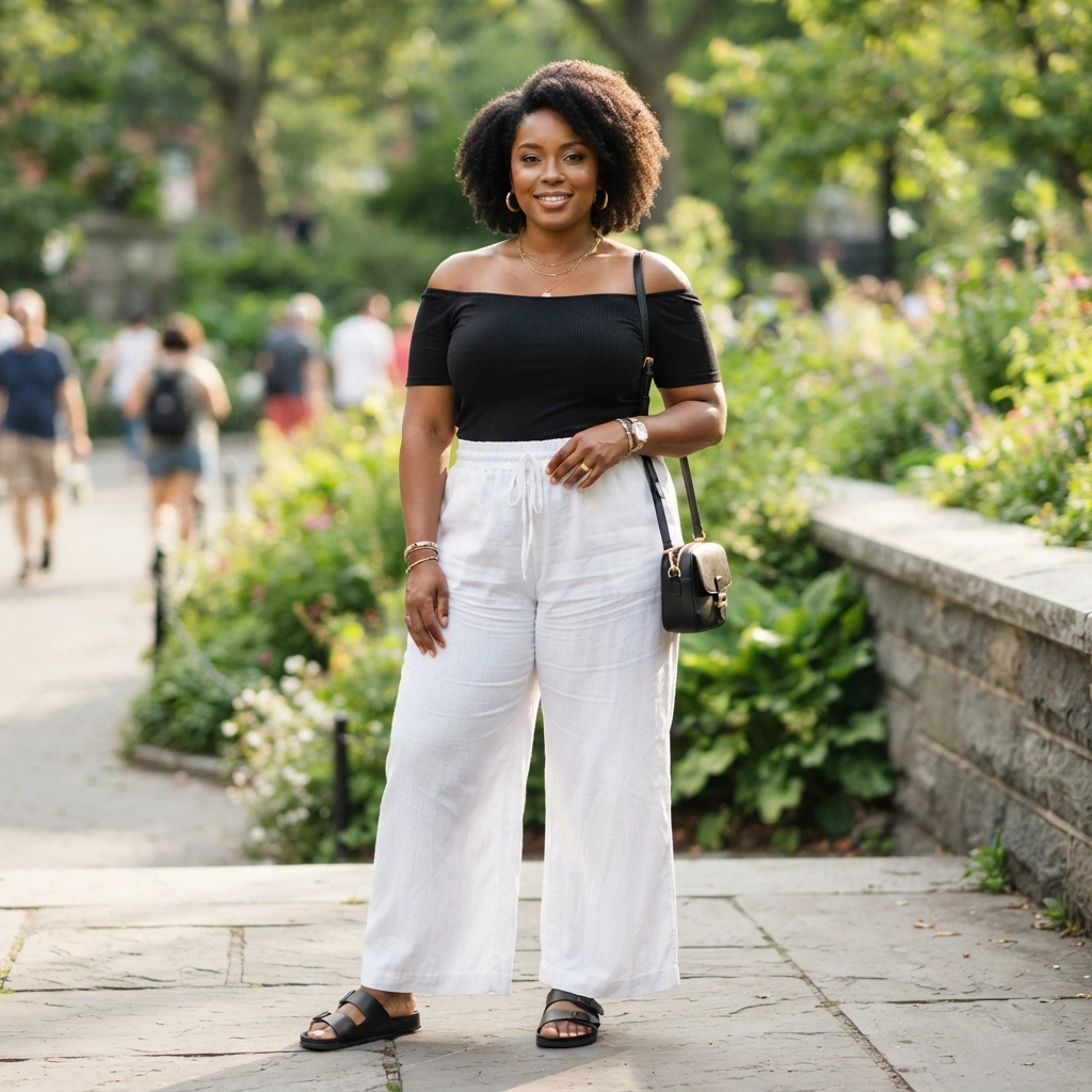 Off-Shoulder Top and Palazzo Pants with Slides